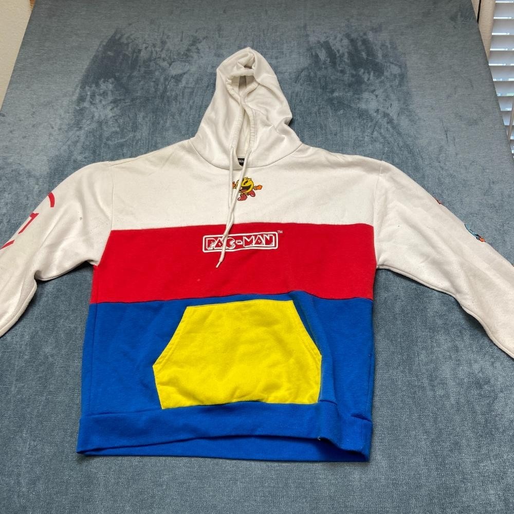 Pac-Man Hoodie Mens Large Multicolor Colorblock Cotton Kangaroo Pockets Lined